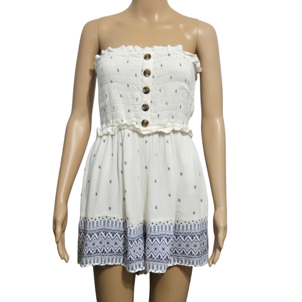 Urban Outfitters White Strapless Stretchy Romper with Blue Floral Pattern